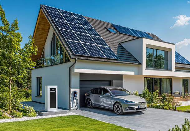 Wohnhaus mit Photovoltaikanlage und Auto