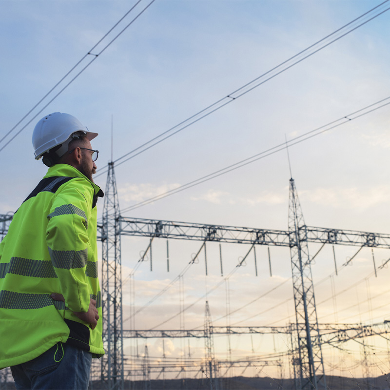 Netzmonteur bei der Arbeit auf einem Umspannwerk mit Schutzkleidung und Helm