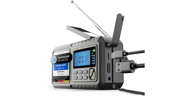 Kurbelradio Acta Berg mit Display, Antenne, Solarpanel und USB-Anschluss