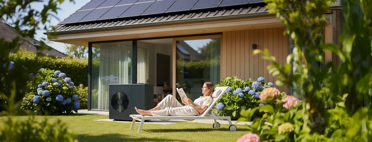 Frau entspannt im Garten vor Haus mit Wärmepumpe und Solaranlage – nachhaltige Energie im Alltag