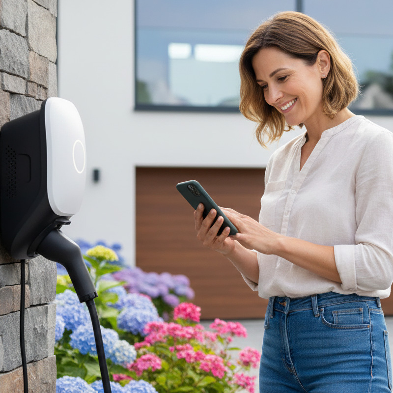 Frau steht neben Wallbox und hält Smartphone in der Hand