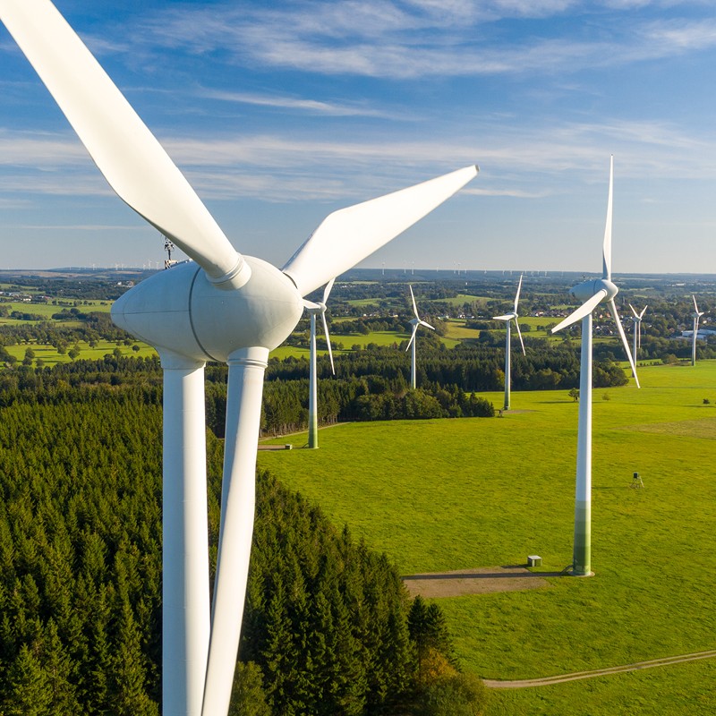 Windkraftanlagen stehen auf grüner Wiese mit Wald und Ort im Hintergrund