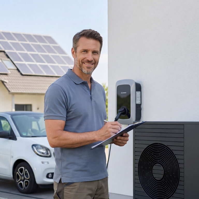 Person bedient Wallbox-Ladestation neben einem Wohnhaus mit Solaranlage