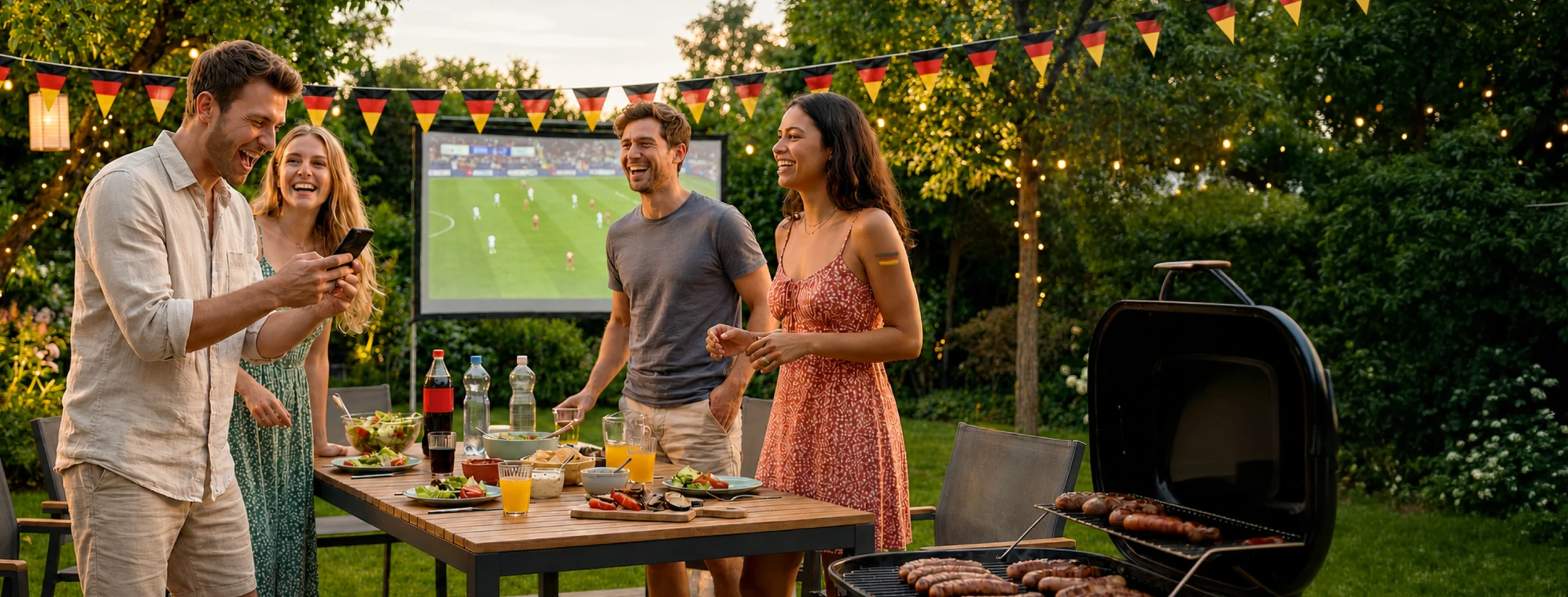 Gruppe junger Erwachsener im Garten mit Grill, gedecktem Tisch, Deutschland‑Wimpeln und Leinwand mit Fußballspiel.