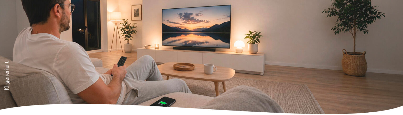 Person sitzt mit einem Smartphone auf einem Sofa in einem Wohnzimmer.